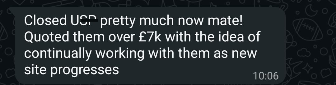 Bailey reporting a project worth over seven thousand pounds, with USP crossed out